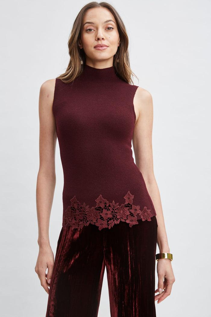 Elie Tahari Mock Neck Lace Hem Sleeveless Sweater MERLOT