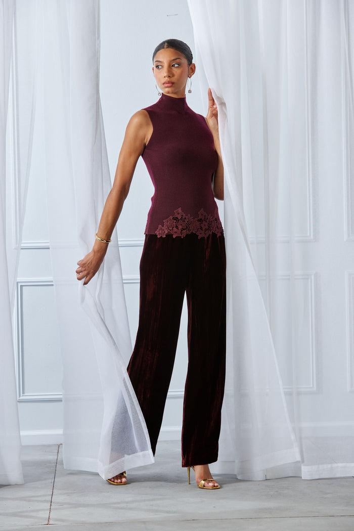 Elie Tahari Mock Neck Lace Hem Sleeveless Sweater MERLOT