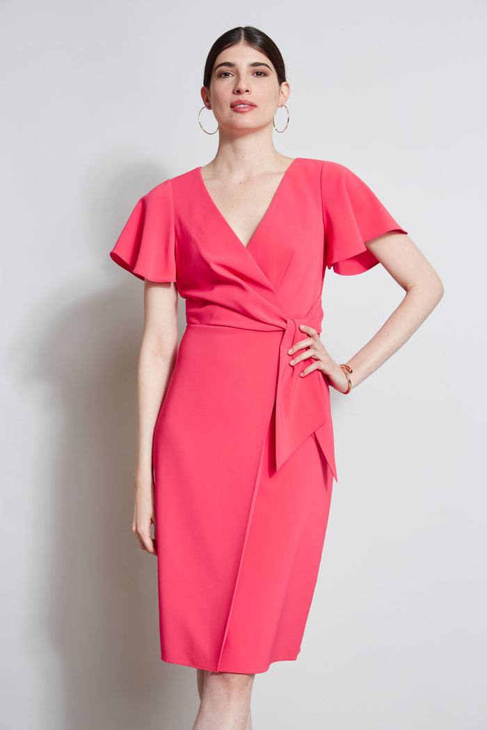 Elie Tahari Mock Wrap Flutter Sleeve Dress WILD STRAWBERRY