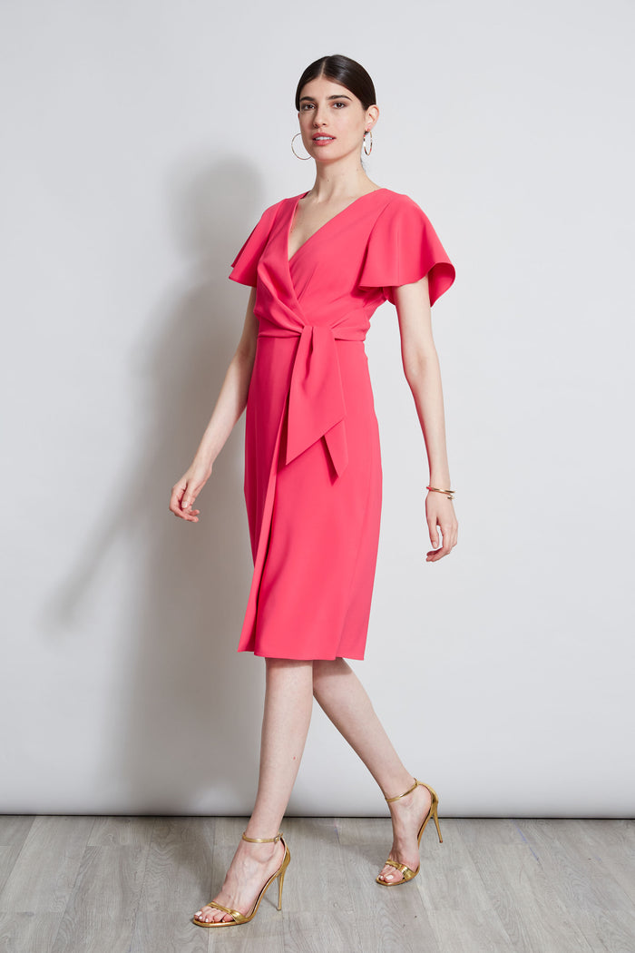 Elie Tahari Mock Wrap Flutter Sleeve Dress WILD STRAWBERRY