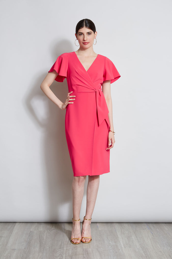 Elie Tahari Mock Wrap Flutter Sleeve Dress WILD STRAWBERRY
