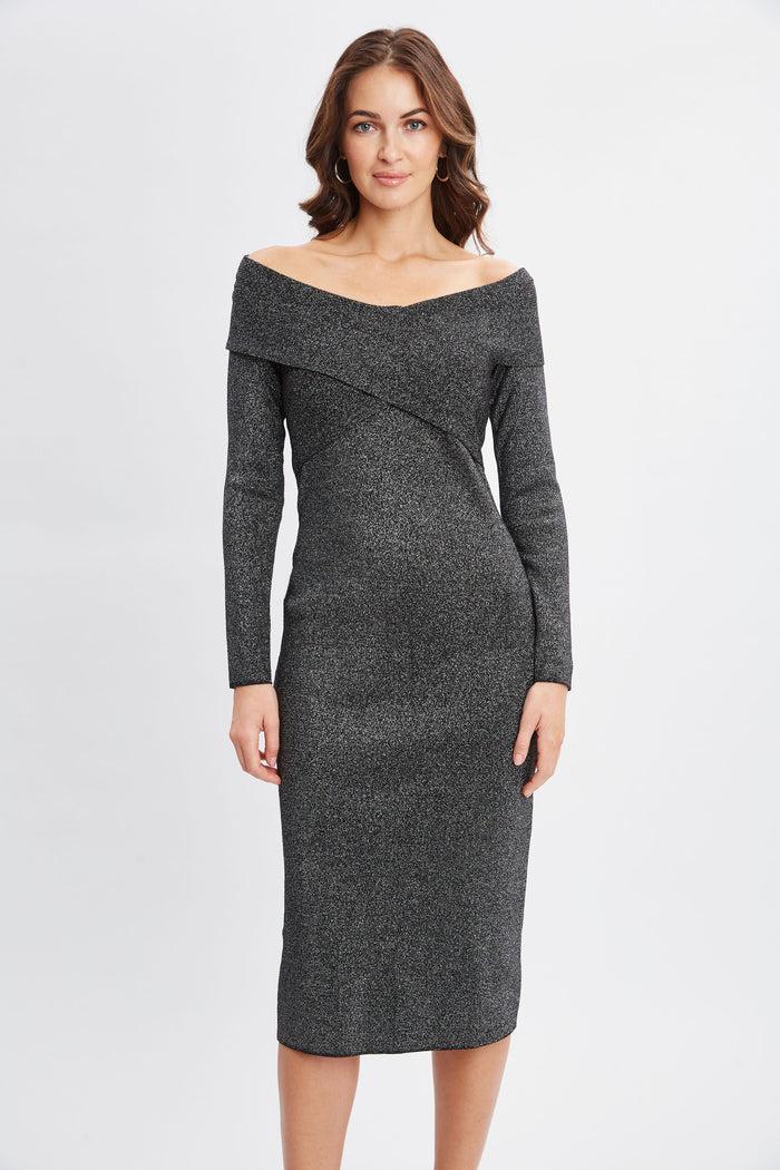Elie Tahari Off Shoulder Metallic Sweater Dress NOIR WITH SILVER LUREX