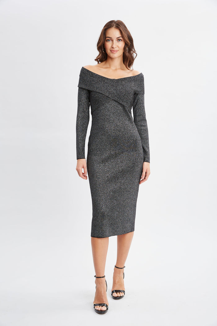 Elie Tahari Off Shoulder Metallic Sweater Dress NOIR WITH SILVER LUREX