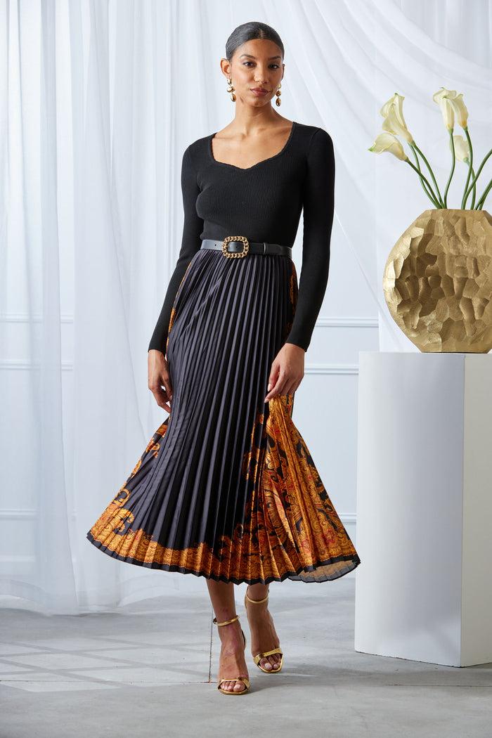 Elie Tahari Paisley Pleated Midi Dress NOIR/GILDED DREAM PRINT