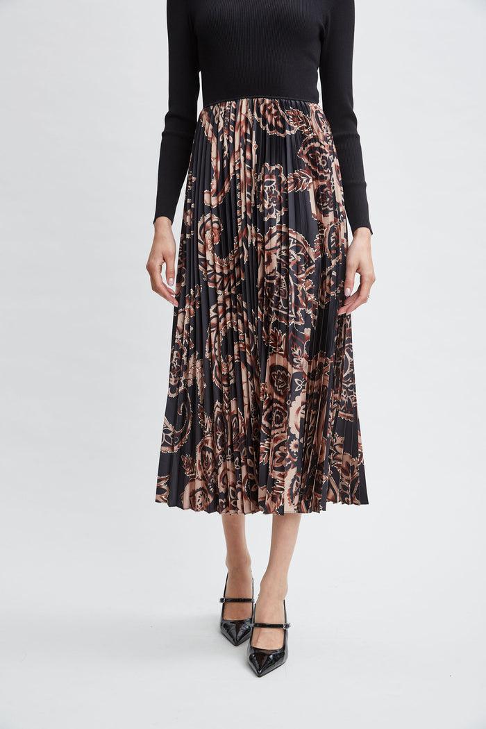 Elie Tahari Paisley Pleated Midi Dress NOIR/MYSTICAL PAISLEY PRINT