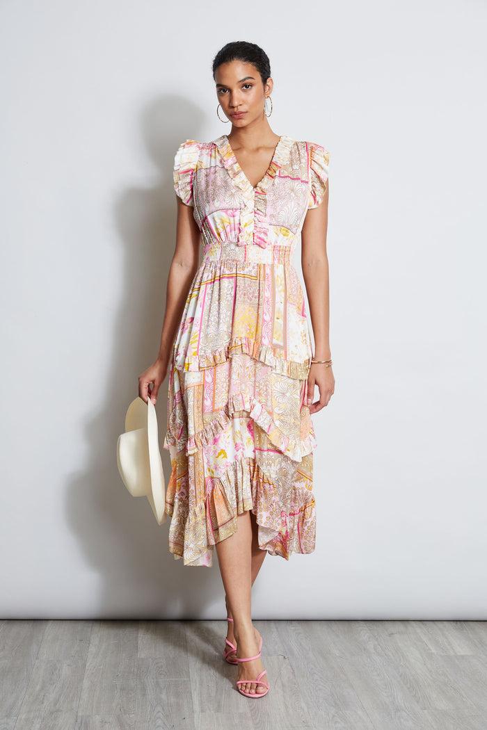 Elie Tahari Patchwork Print Midi Dress AURORA PRINT