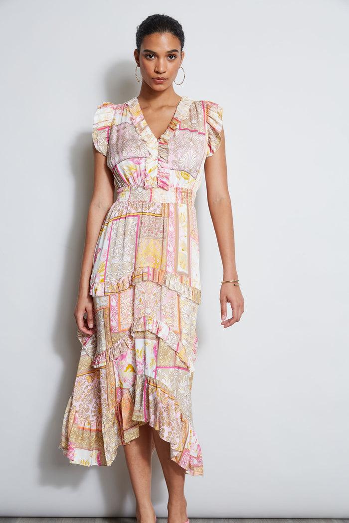 Elie Tahari Patchwork Print Midi Dress AURORA PRINT