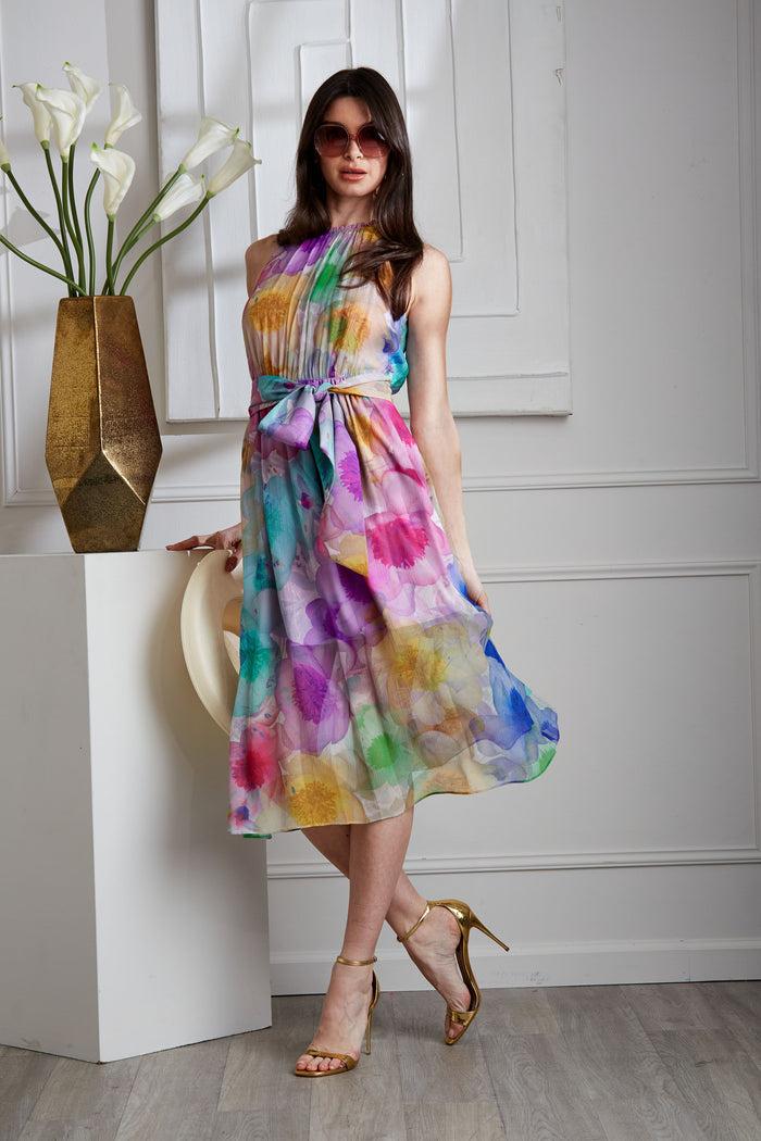 Elie Tahari Pigment Floral Silk Chiffon Halter Dress MULTI