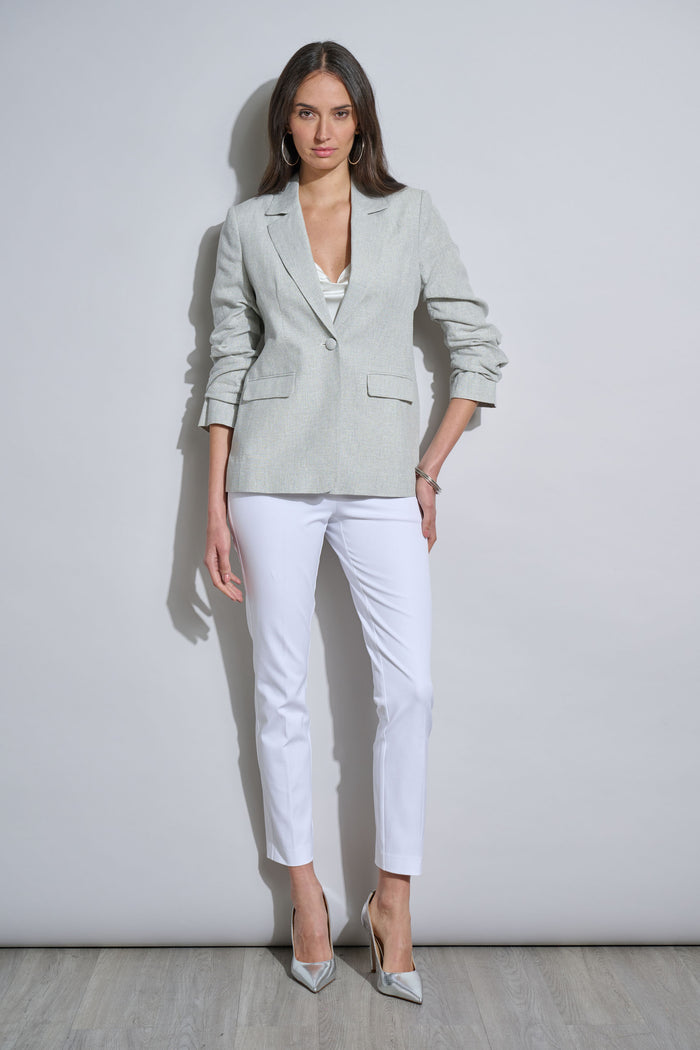 Elie Tahari Plaid Ruched Sleeve Linen Blazer NEUTRAL COMBO