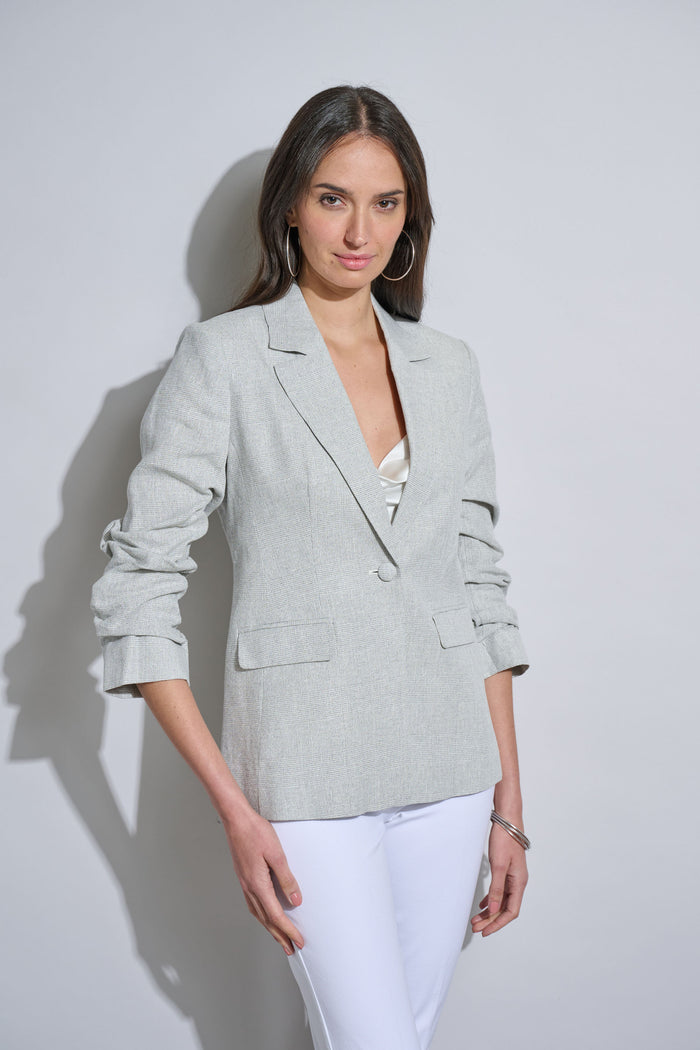 Elie Tahari Plaid Ruched Sleeve Linen Blazer NEUTRAL COMBO