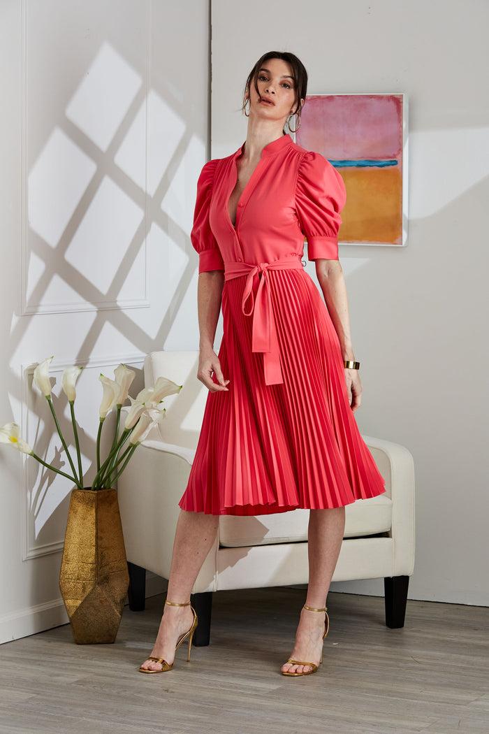 Elie Tahari Pleated Ruched Sleeve Dress WILD STRAWBERRY