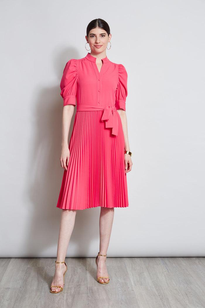 Elie Tahari Pleated Ruched Sleeve Dress WILD STRAWBERRY
