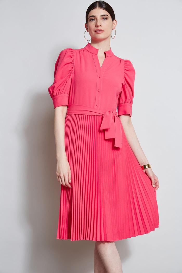 Elie Tahari Pleated Ruched Sleeve Dress WILD STRAWBERRY