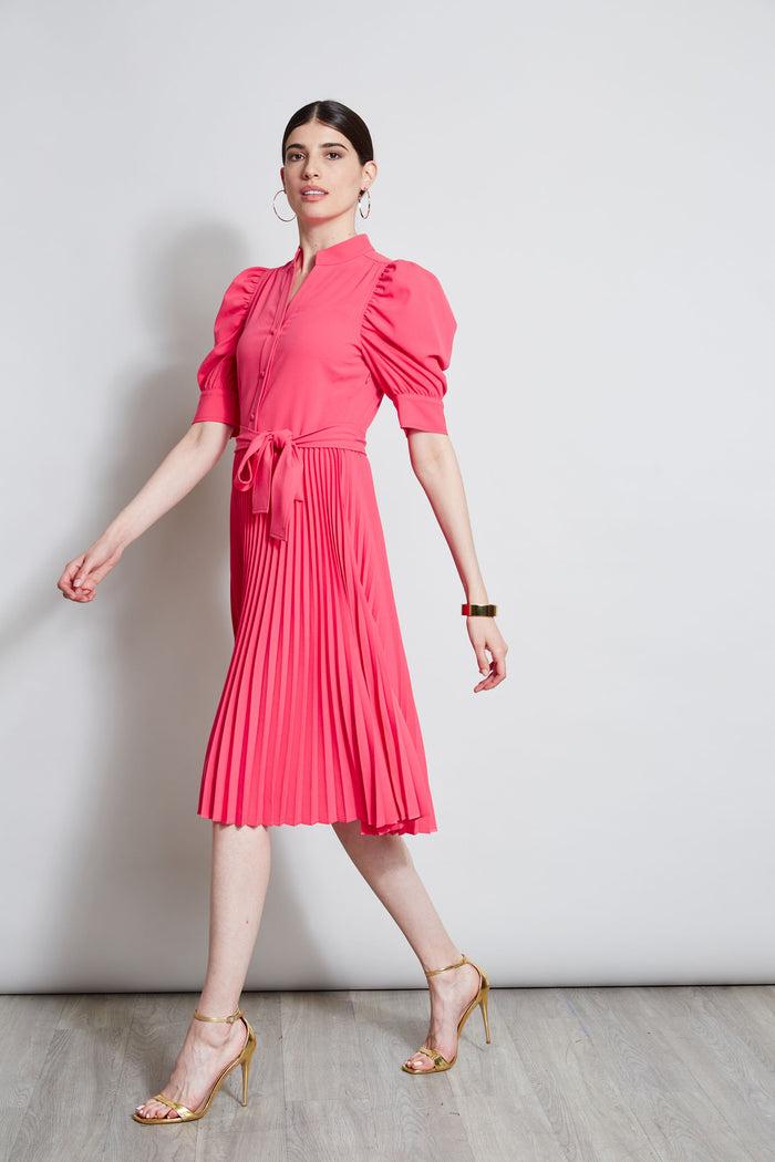 Elie Tahari Pleated Ruched Sleeve Dress WILD STRAWBERRY