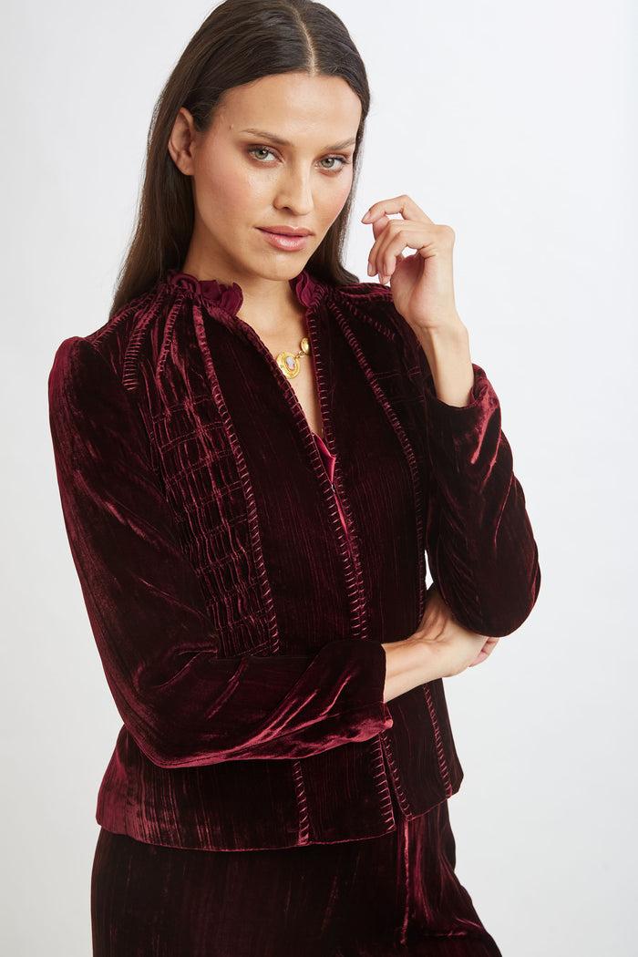 Elie Tahari Plisse Velvet Embroidered Jacket BURGUNDY
