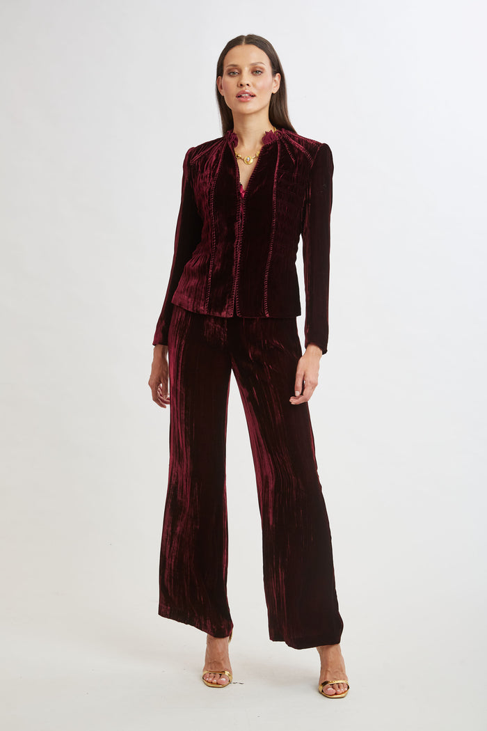 Elie Tahari Plisse Velvet Embroidered Jacket BURGUNDY