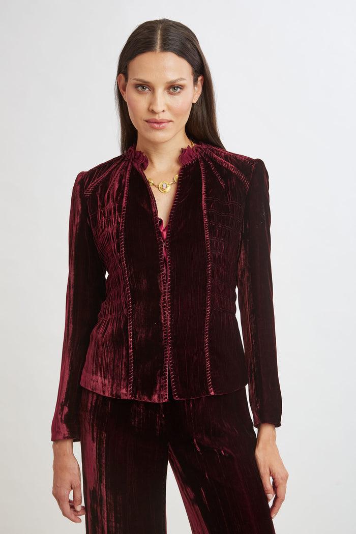 Elie Tahari Plisse Velvet Embroidered Jacket BURGUNDY