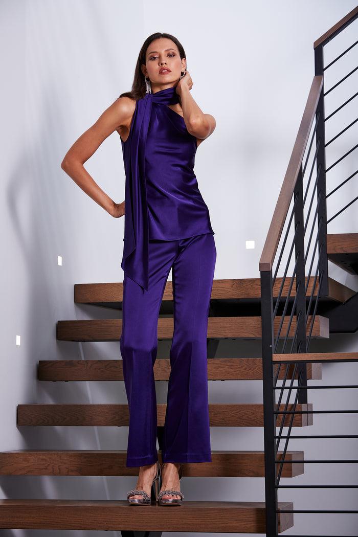 Elie Tahari Satin One Shoulder Scarf Top WINTER PLUM