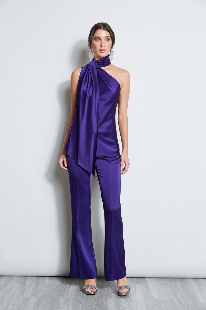 Elie Tahari Satin One Shoulder Scarf Top WINTER PLUM