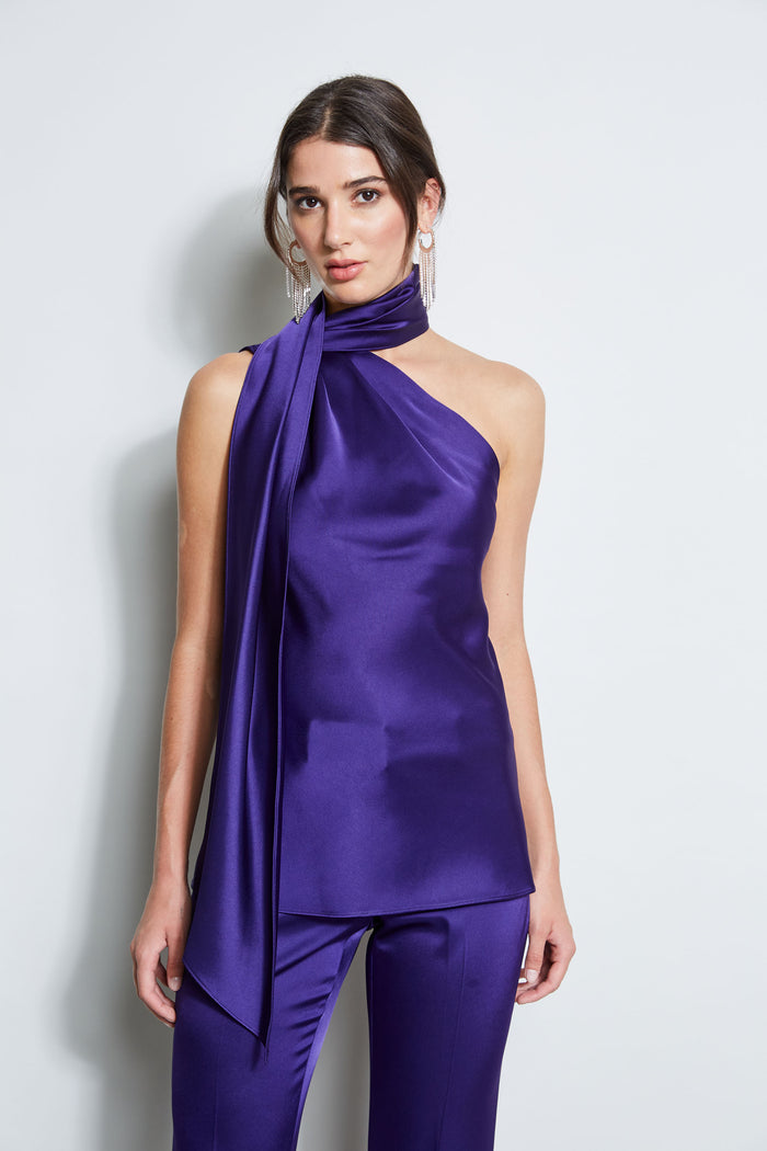 Elie Tahari Satin One Shoulder Scarf Top WINTER PLUM
