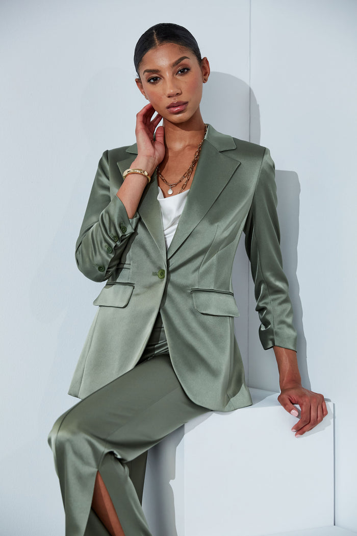 Elie Tahari Satin Ruched Sleeve Blazer TUSCAN OLIVE