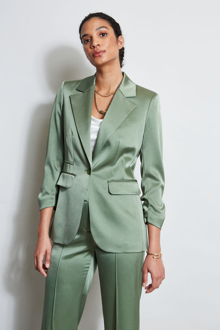 Elie Tahari Satin Ruched Sleeve Blazer TUSCAN OLIVE