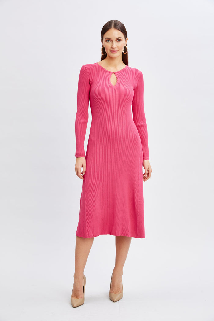 Elie Tahari Scallop Keyhole Sweater Dress HAUTE PINK