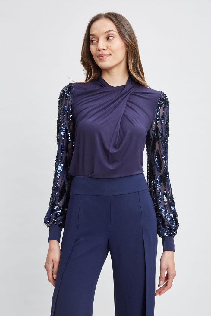 Elie Tahari Sequin Sleeve Twist Neck Knit STARGAZER