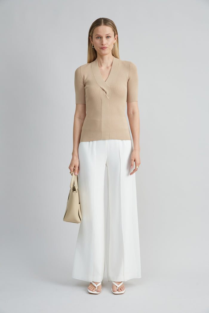 Elie Tahari Short Sleeve Cable Twist Sweater ISLAND SAND