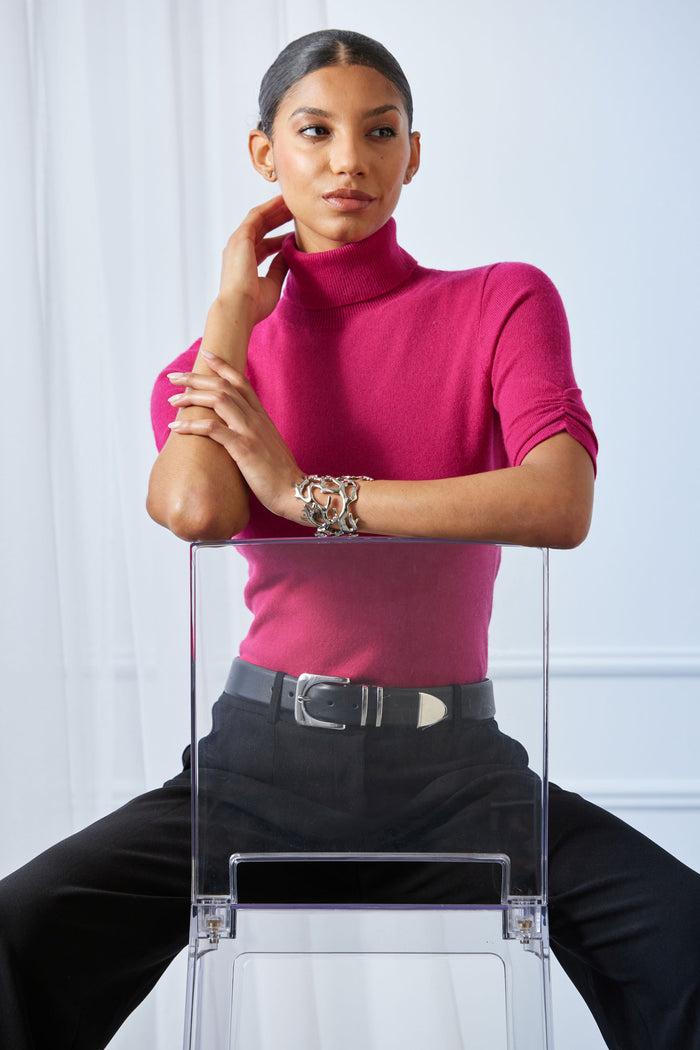 Elie Tahari Short Sleeve Cashmere Wool Sweater ROSE