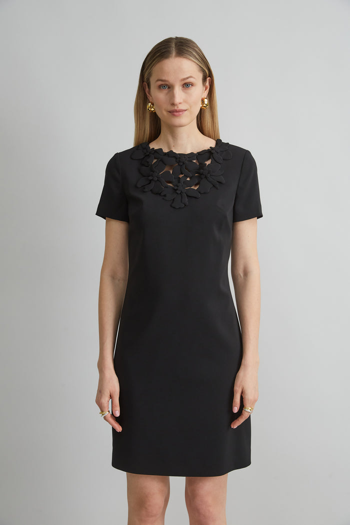 Elie Tahari Short Sleeve Flower Applique Dress BLACK