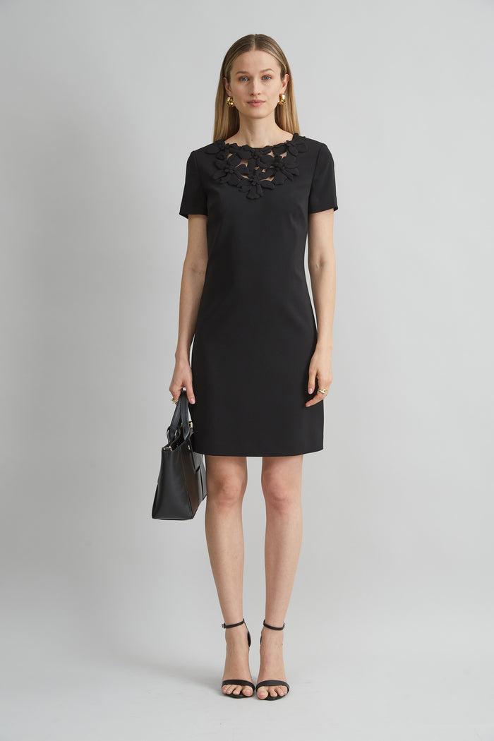 Elie Tahari Short Sleeve Flower Applique Dress BLACK
