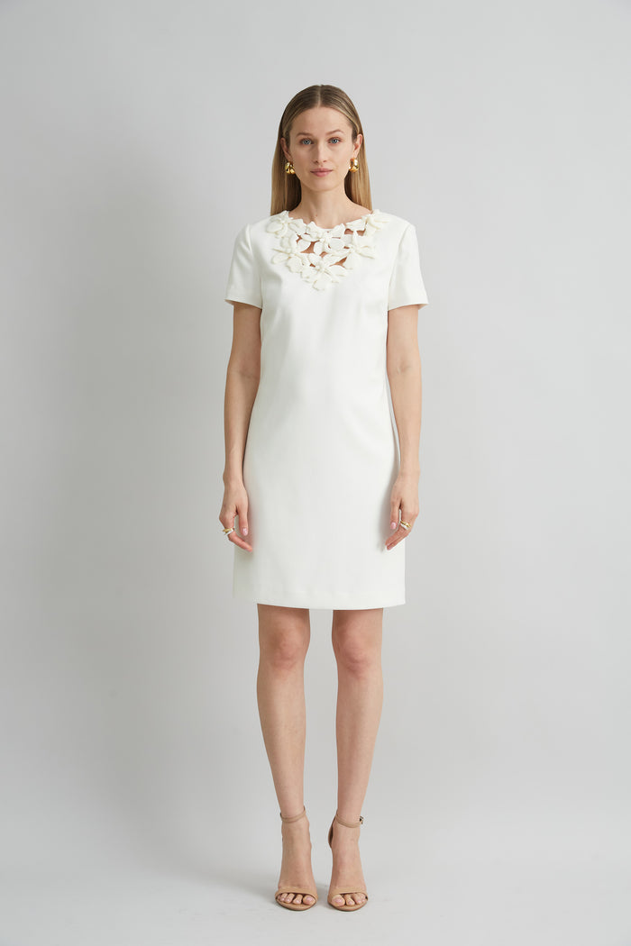 Elie Tahari Short Sleeve Flower Applique Dress FOAM