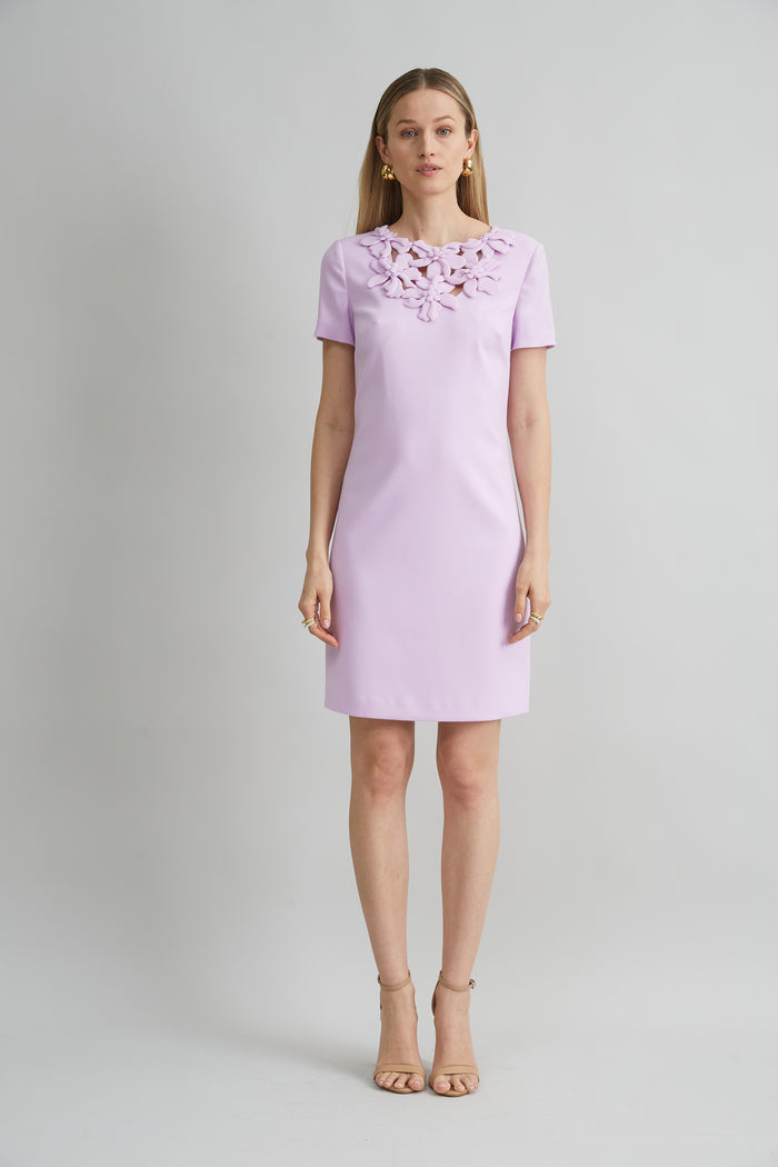 Elie Tahari Short Sleeve Flower Applique Dress THISTLE