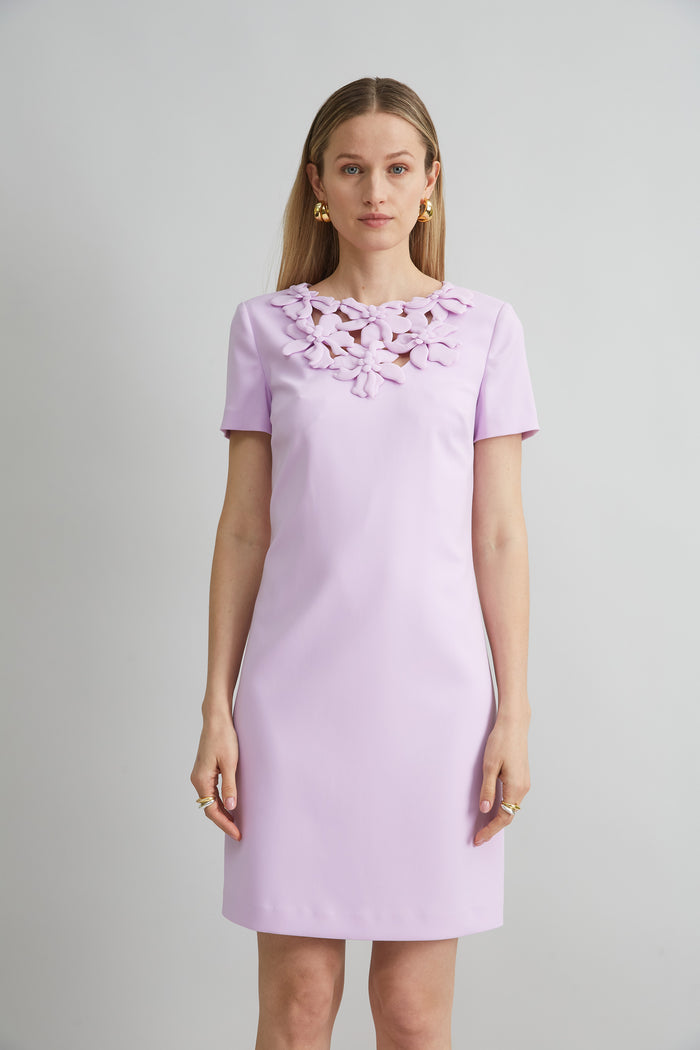 Elie Tahari Short Sleeve Flower Applique Dress THISTLE