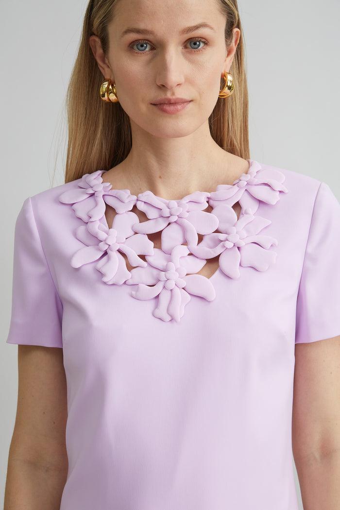 Elie Tahari Short Sleeve Flower Applique Dress THISTLE
