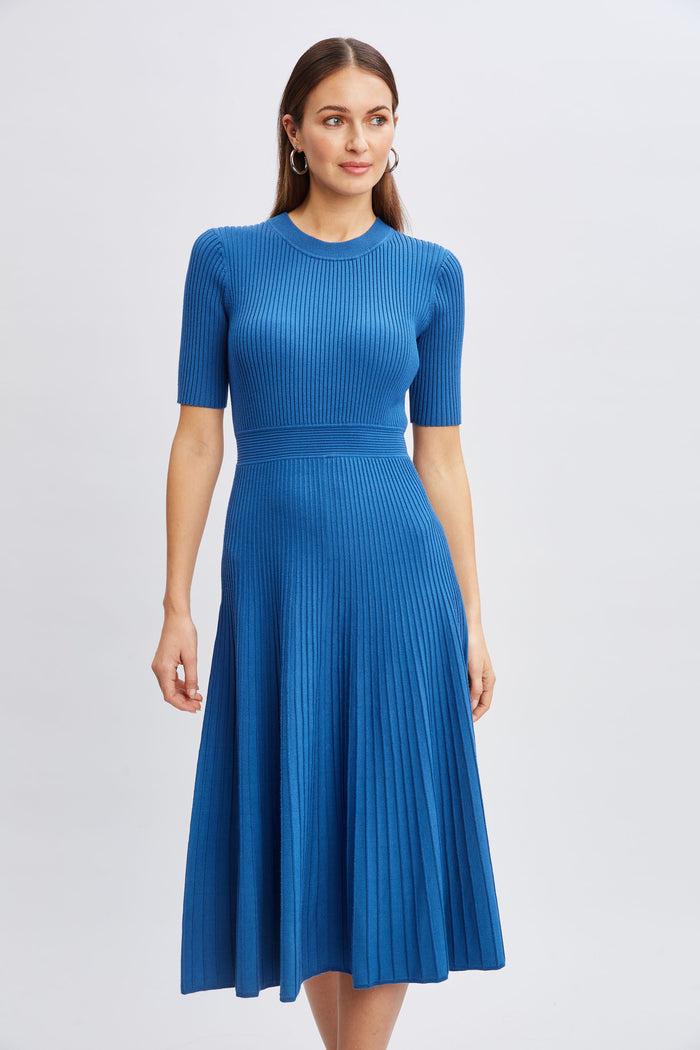 Elie Tahari Short Sleeve Rib Flare Sweater Dress BLUE PLATE