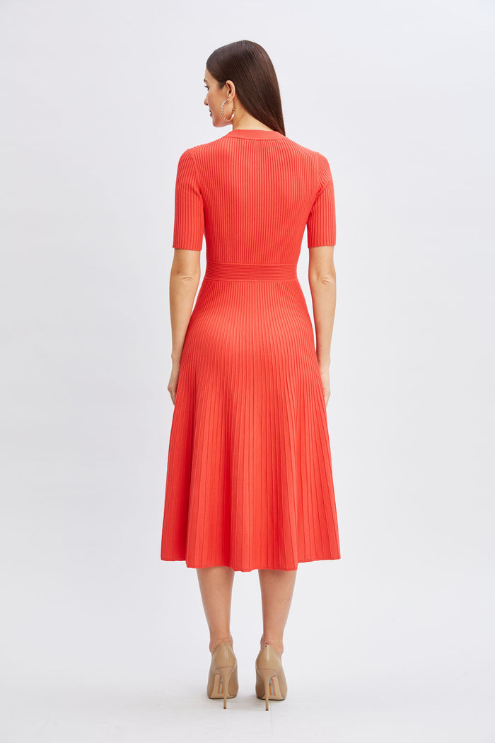 Elie Tahari Short Sleeve Rib Flare Sweater Dress HIBISCUS