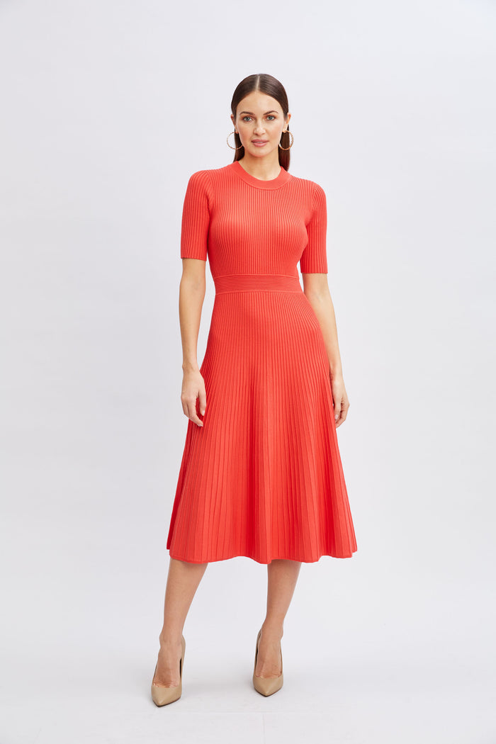 Elie Tahari Short Sleeve Rib Flare Sweater Dress HIBISCUS