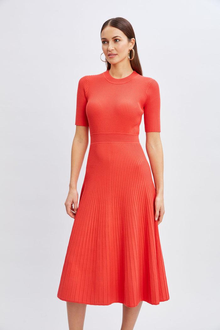 Elie Tahari Short Sleeve Rib Flare Sweater Dress HIBISCUS