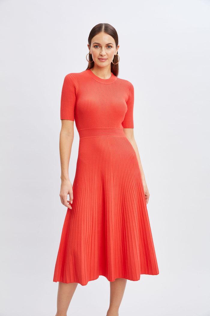 Elie Tahari Short Sleeve Rib Flare Sweater Dress HIBISCUS