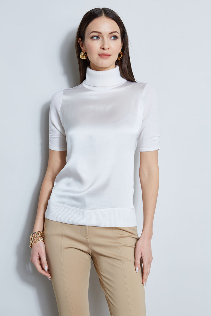 Elie Tahari Short Sleeve Satin Front Sweater FRESH PEARL