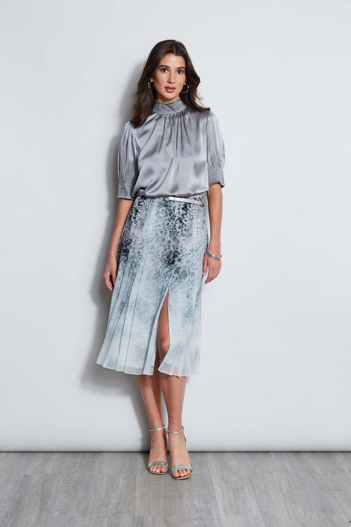 Elie Tahari Short Sleeve Silk Satin Smocked Shirt COMET