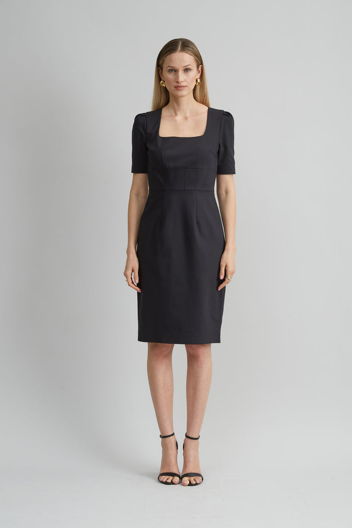 Elie Tahari Short Sleeve Square Neck Cotton Dress BLACK