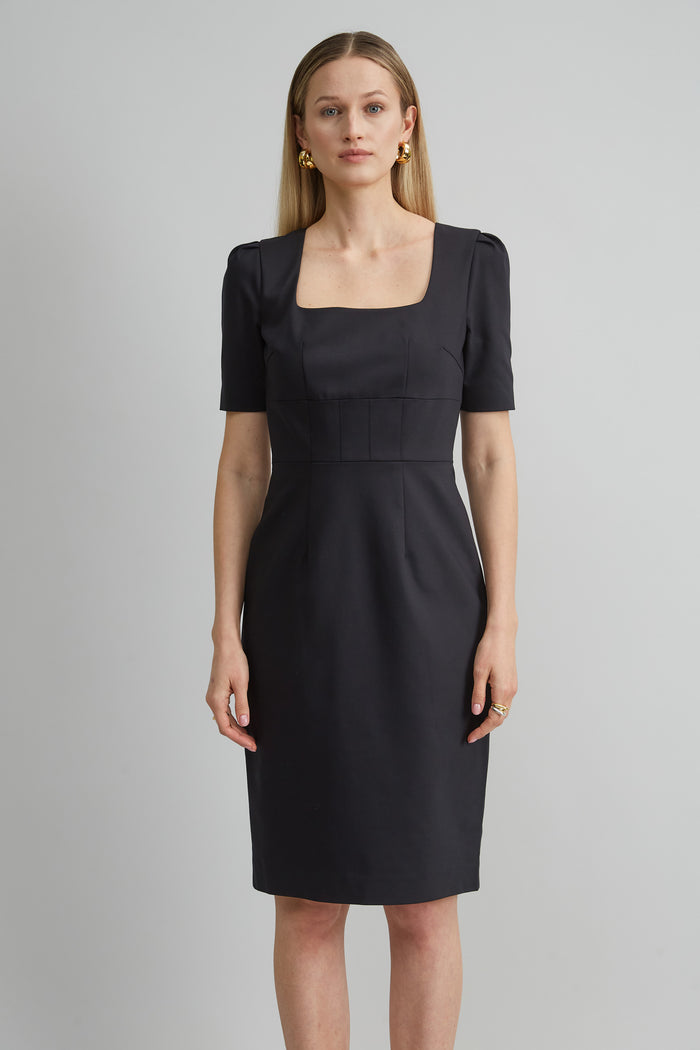 Elie Tahari Short Sleeve Square Neck Cotton Dress BLACK