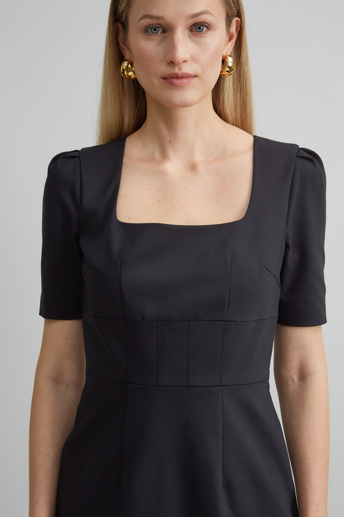 Elie Tahari Short Sleeve Square Neck Cotton Dress BLACK