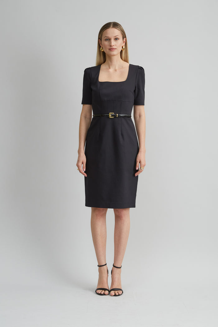 Elie Tahari Short Sleeve Square Neck Cotton Dress BLACK