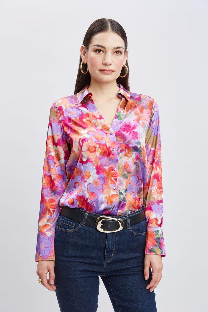 Elie Tahari Silk Bloomsbury Button Down Shirt MULTI