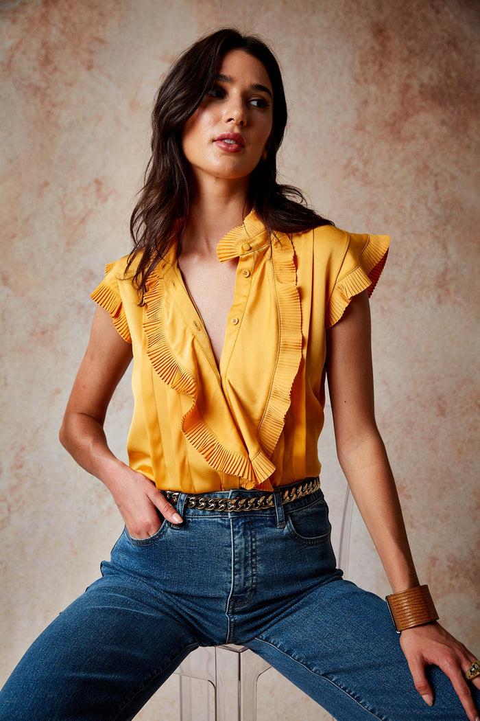 Elie Tahari Silk Cascade Ruffle Shirt AFTERNOON ORANGE