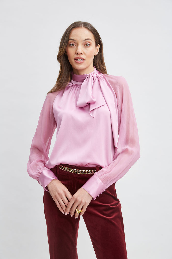 Elie Tahari Silk Chiffon Sleeve Tie Shirt CRYSTAL PINK